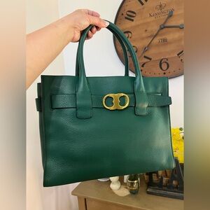 Tory Burch Emerald Green Leather Satchel with Gold Hardware